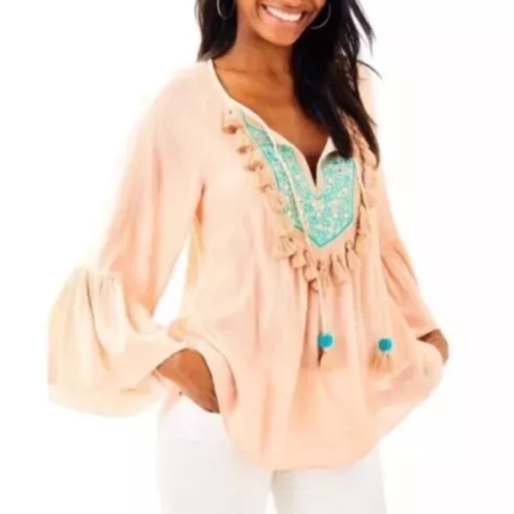 Lilly Pulitzer Shandy Top Womens Sandstone Peach Tassel Boho Long Sleeve Size S